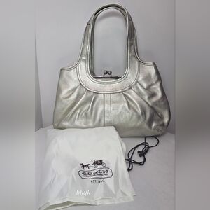 Coach Pleated Metallic Leather Kisslock Ergo Shoulder Bag *Silver*